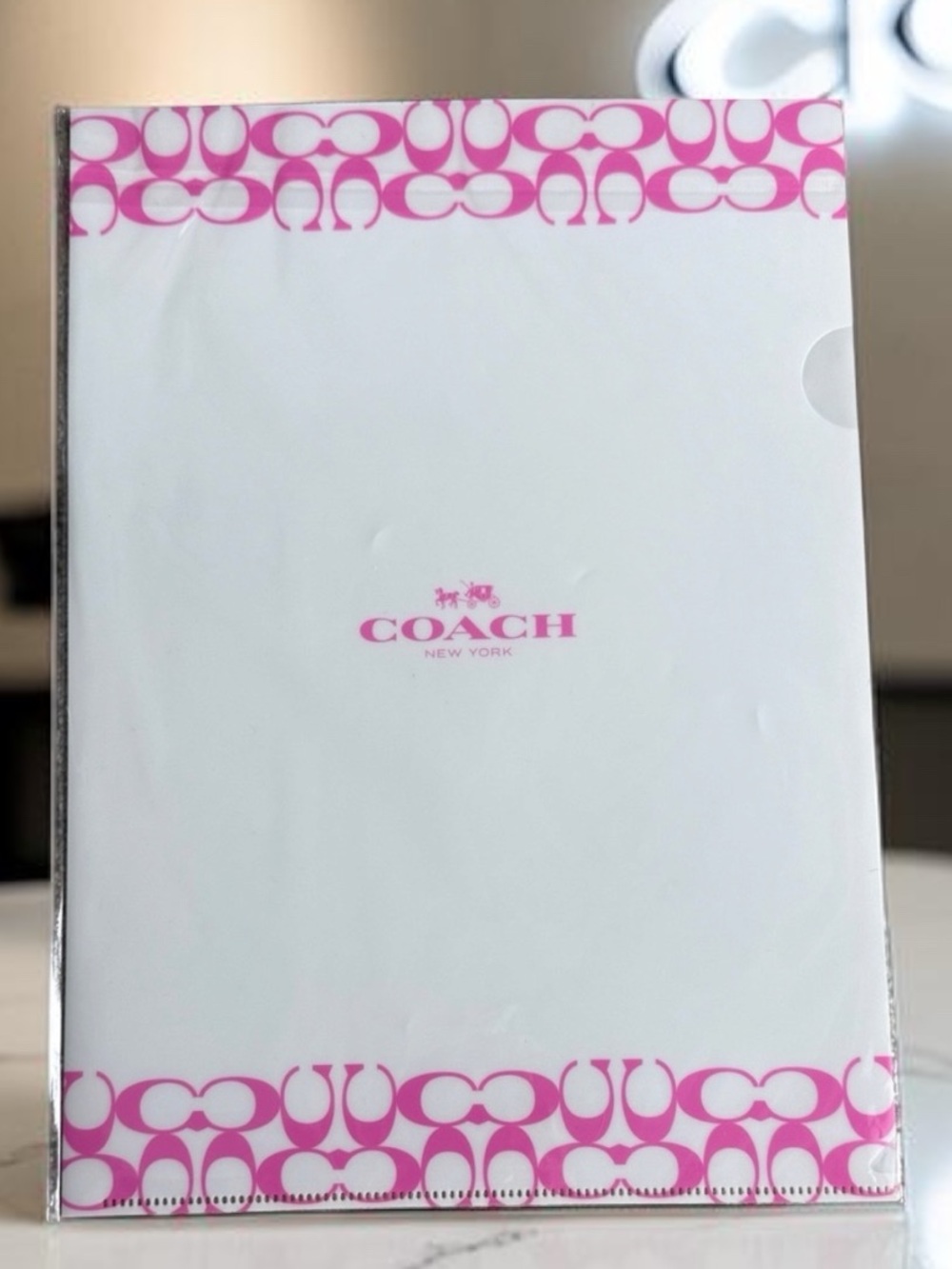 Coach clear document sleeve folder with pink border and signature border